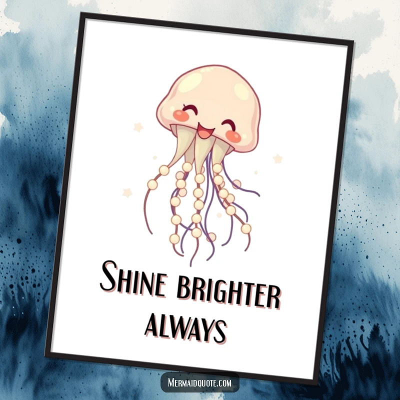 Funny digital art print of a laughing jellyfish gracefully twirling luminous pearls, a vibrant and humorous piece for instant decor, perfect gift.