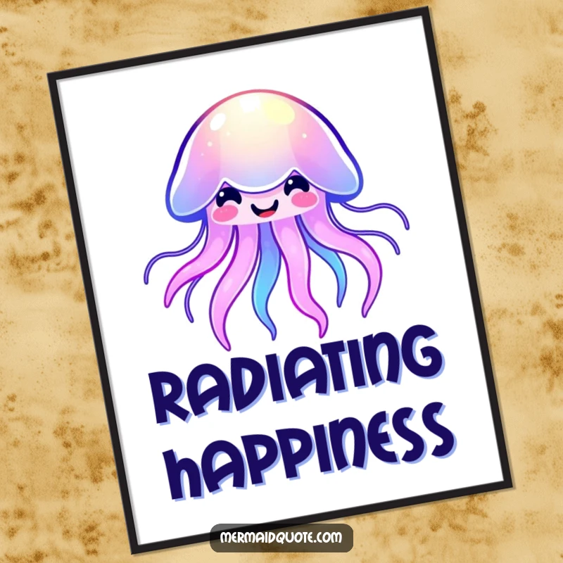 Funny kawaii jellyfish digital art print of a happy, smiling sea creature pulsing with vibrant, gentle light, ready to be printed.