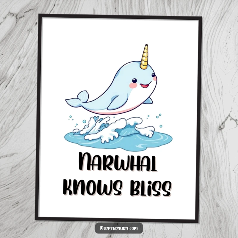 Funny kawaii narwhal leaping gleefully through a shimmering wave, magical digital art for instant wall decor.