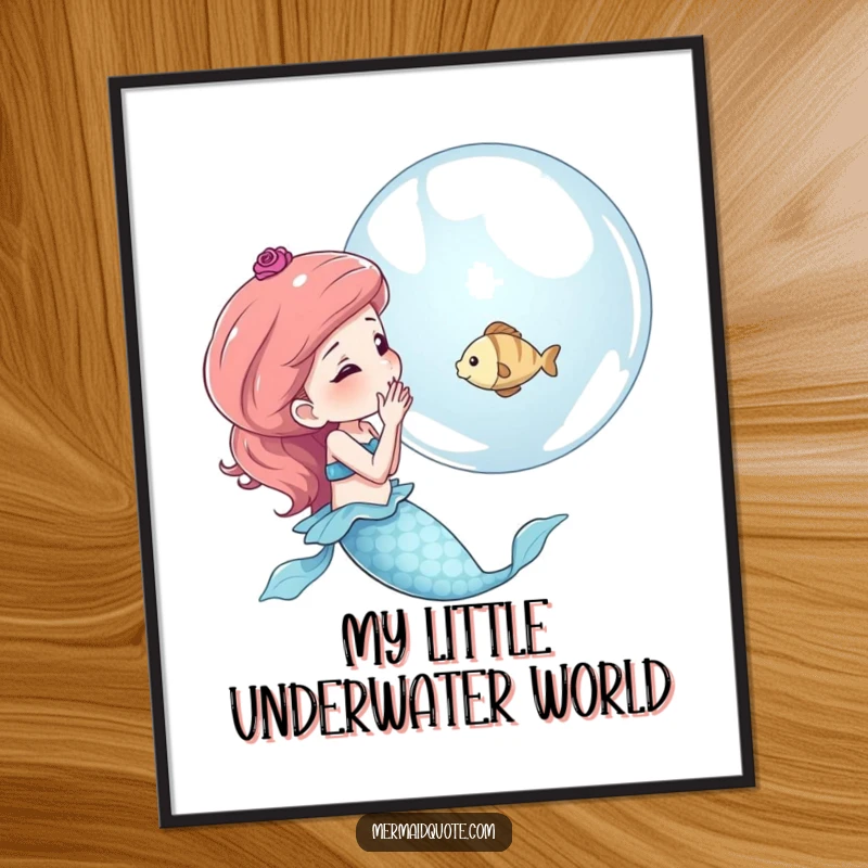 Funny digital art print of a mermaid blowing a shimmering bubble that contains a tiny fish, evoking a sense of wonder.