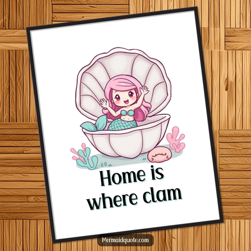 Funny digital art print of a mermaid waving from inside a giant clam, downloadable whimsical art.