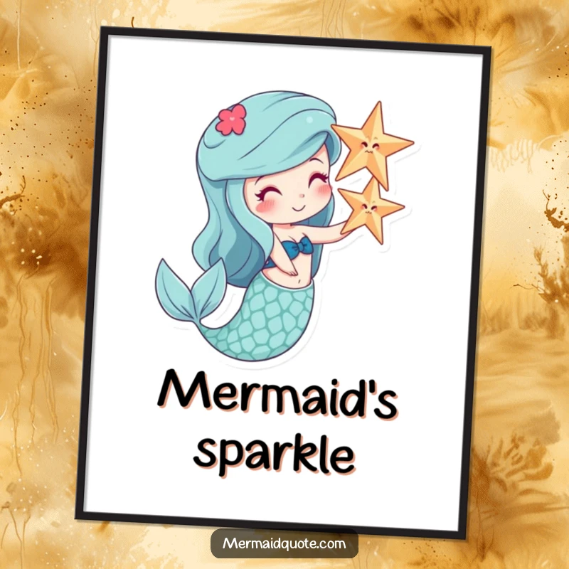 Funny digital art print of a smiling mermaid balancing a starfish on her nose, downloadable whimsical art.