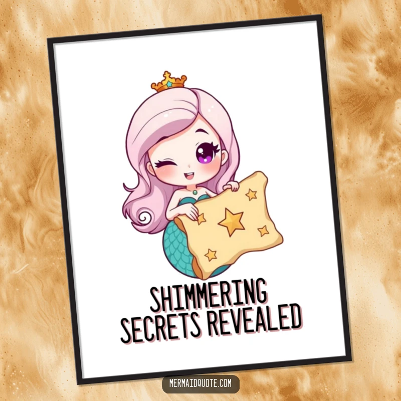 Funny digital art print of a winking mermaid holding a treasure map with a star, adding a humorous and adventurous flair.