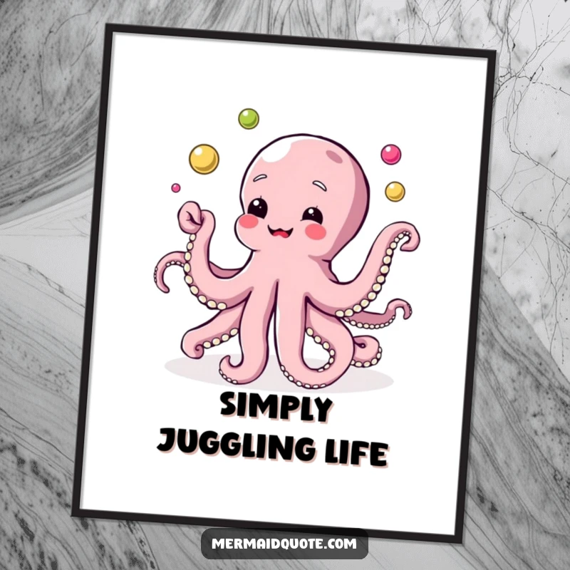 Funny digital art print of a whimsical octopus artistically juggling a vibrant collection of pearls, full of playful energy.