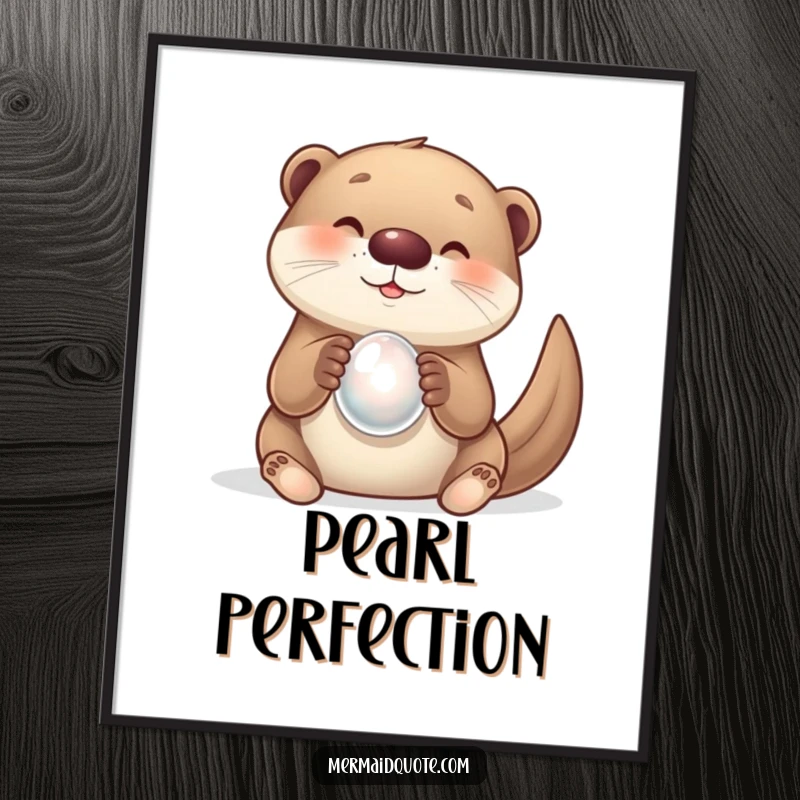Funny digital art print of a curious otter creature holding a glowing pearl with a delighted expression. Whimsical decor.
