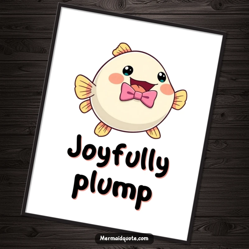 Funny pufferfish wearing a bow tie, inflating with excitement, presented as a downloadable digital art print.