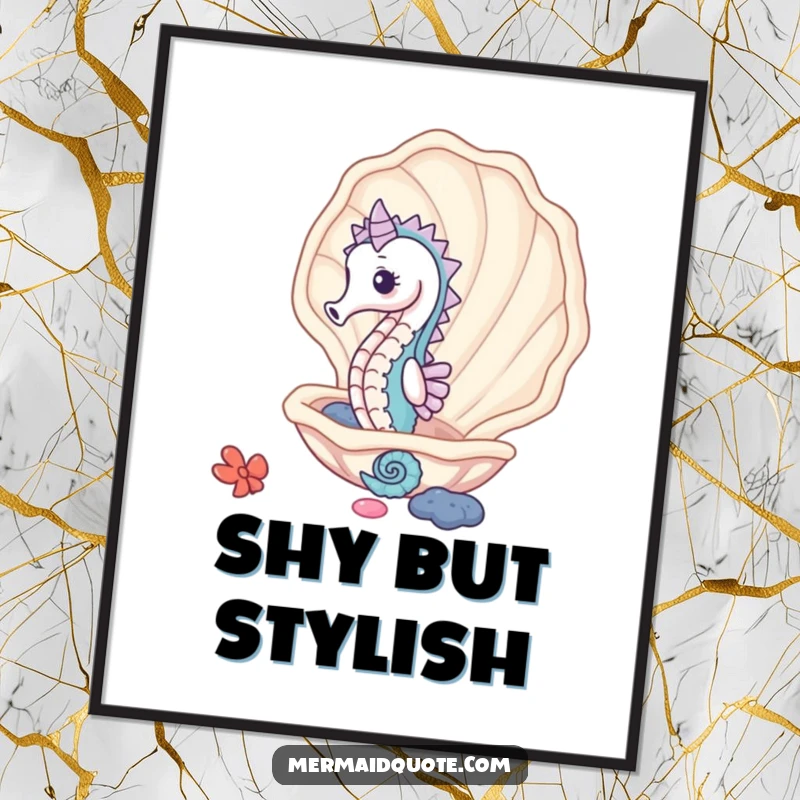 Funny cute seahorse peeking from a giant clam shell, a digital art print for instant humorous ocean charm.