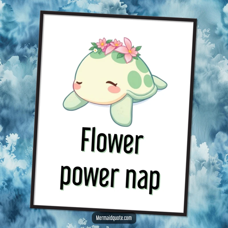 Funny digital art print of a sleepy sea turtle wearing a flower crown, gently drifting, bringing serene underwater charm and humor to any room, a gift.