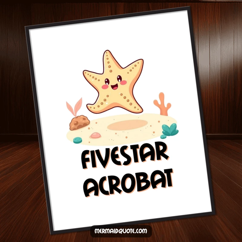 Funny cheerful starfish doing a cartwheel on the sandy ocean floor, as a downloadable digital art print.