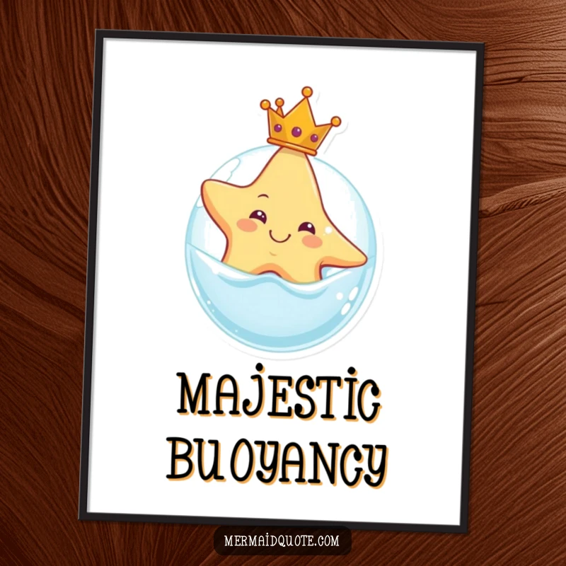 Funny digital art print of a smiling starfish wearing a crown, floating on a bubble, perfect for instant whimsical and regal decor.