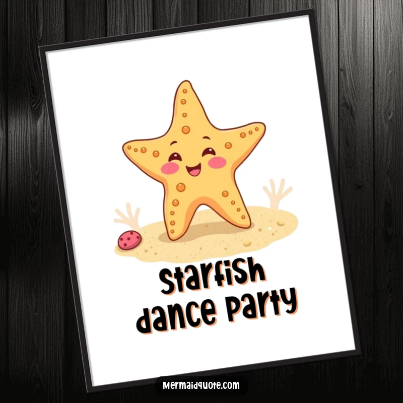 Funny digital art print of a happy starfish doing a wiggle dance on a sandy seabed, perfect for charming and humorous decor.