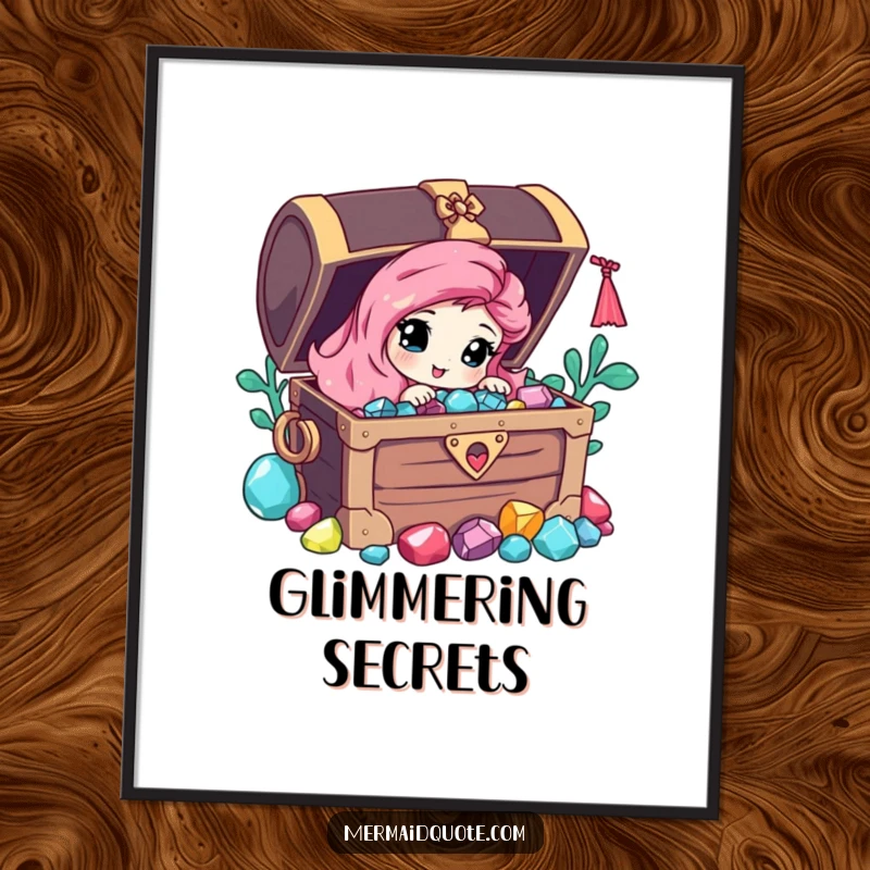Funny digital art print of a curious mermaid peeking from behind a pirate chest overflowing with sparkling gems.