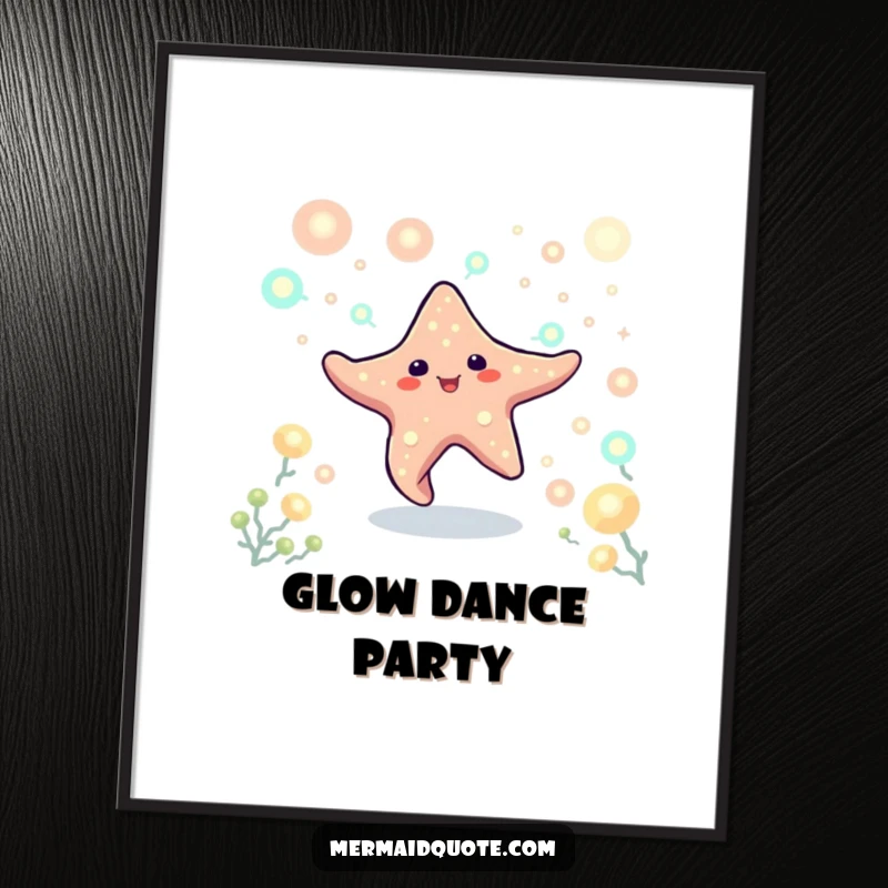 Funny digital art print of a playful starfish creature dancing amidst glowing plankton. Magical downloadable decor.