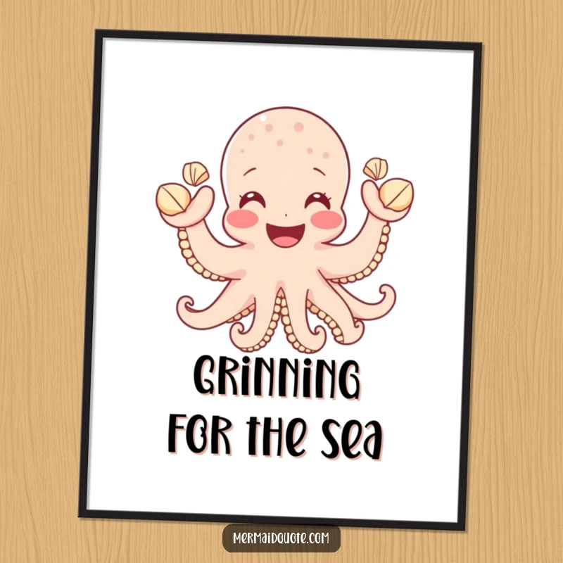 Funny digital art print of a happy octopus with a wide smile, waving numerous tiny seashells, bringing cheerful marine humor to any room, a gift.