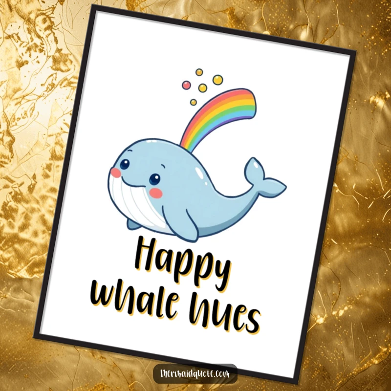 Funny smiling whale spouting a rainbow, presented as a downloadable digital art print for instant wall decor.
