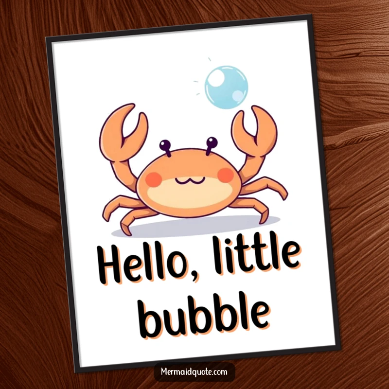 Funny tiny crab playfully waving its tiny claws at a bubble, a digital art print for instant humorous beach charm.