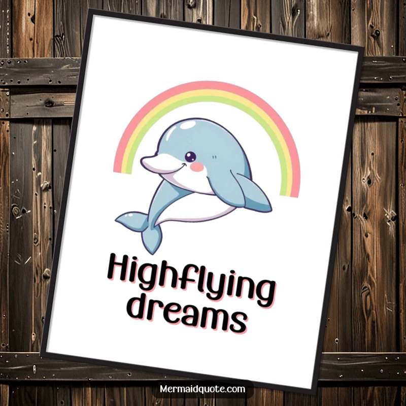 Funny smiling dolphin leaping high with a rainbow arc, as a downloadable digital art print.