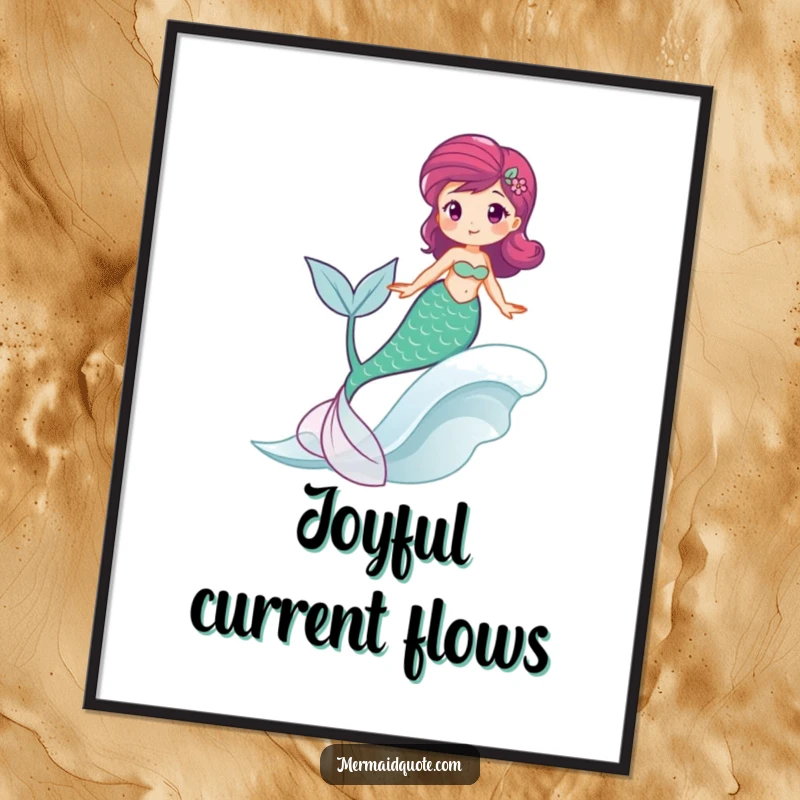 Funny digital art print of a mermaid happily riding a wave, tail swishing, downloadable ocean joy.