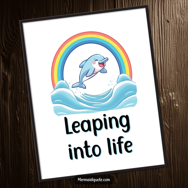 Funny digital art print of a laughing dolphin soaring through a colorful rainbow arch over the ocean, bringing instant happiness.