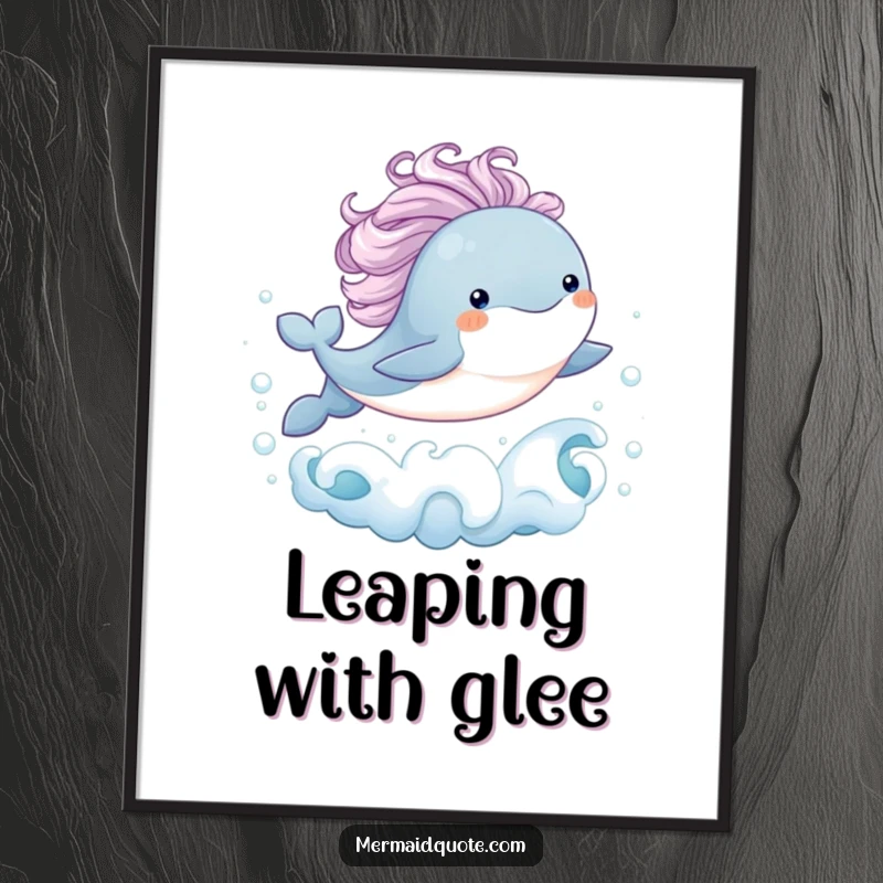 Funny baby whale digital art print of a whale with a flowing mane joyfully leaping from bubbly waves, perfect for instant download and whimsical decor.
