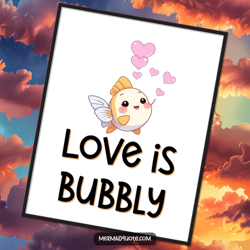 Funny tiny angelfish digital art print, blowing a string of heart-shaped bubbles, perfect for instantly adding sweetness and love.