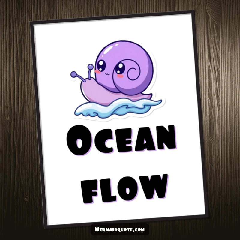 Funny purple sea snail creature with wide, bubbly eyes, humorously surfing a small wave, as a vibrant digital art illustration.