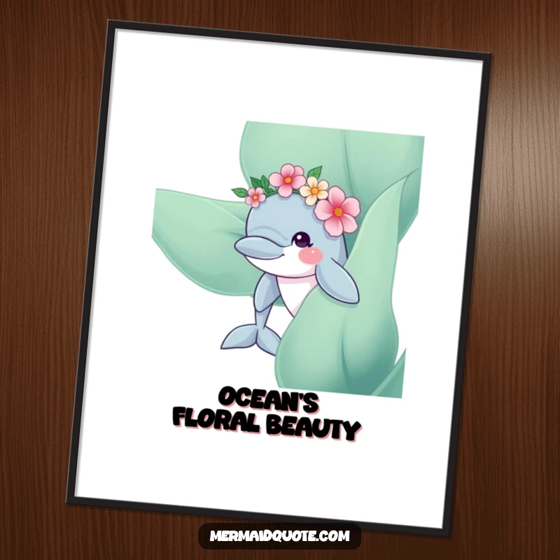 Funny Dolphin Flower Crown Digital Art Print: Instant download of a curious dolphin with a flower crown peeking from kelp, magical wall art.