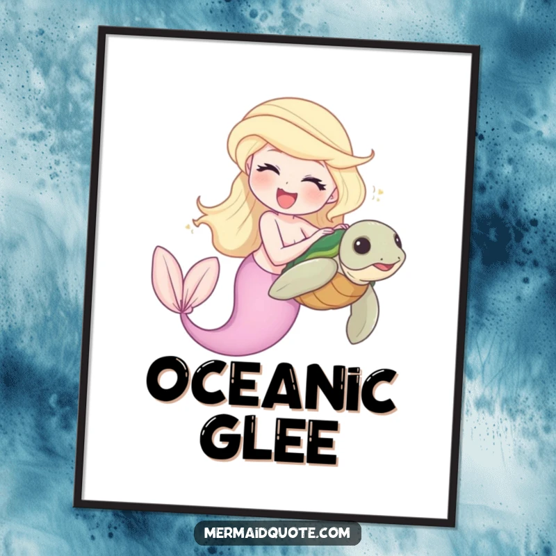 Funny digital art print of a laughing mermaid tickling a shy sea turtle, capturing delightful underwater playfulness.