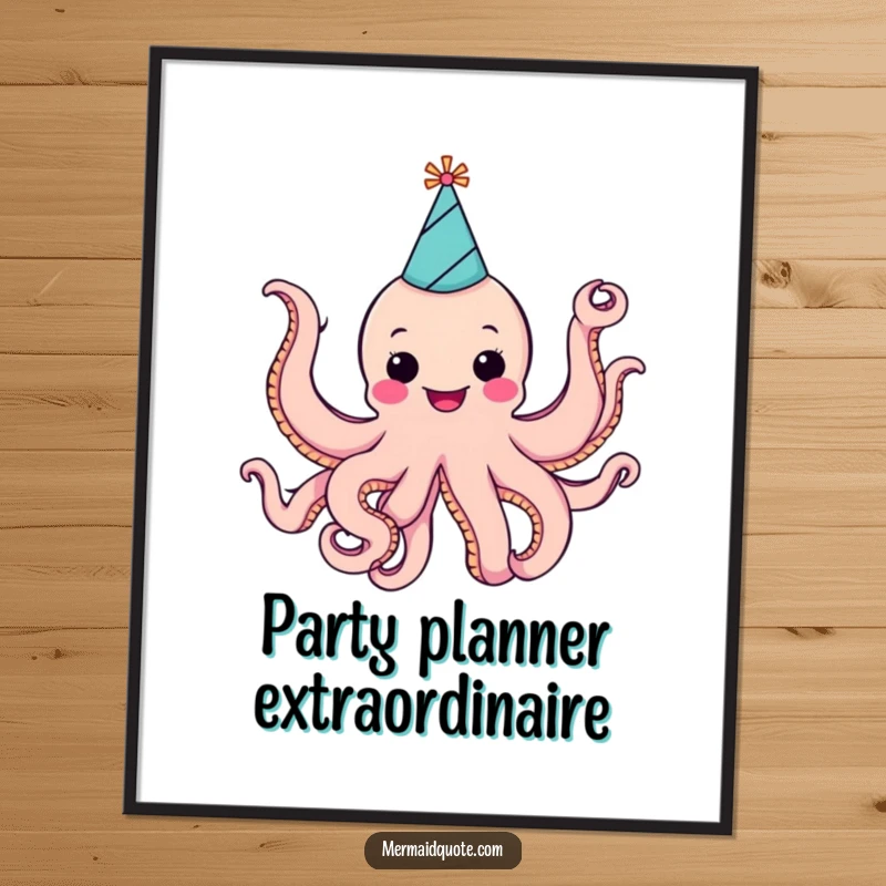 Funny cheerful octopus with a party hat, waving eight arms, available as a high-resolution digital art download.