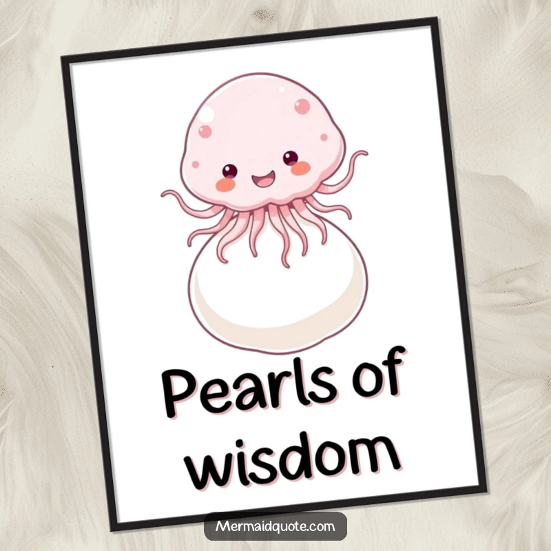 Funny Digital Art Print of a fluffy jellyfish joyfully bouncing on a giant pearl, offering instant whimsical and humorous decor.