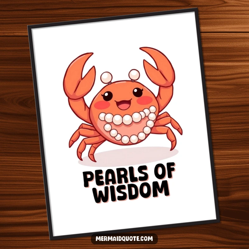 Funny joyful crab creature waving its claws, elegantly adorned with pearls, rendered as sophisticated digital art.