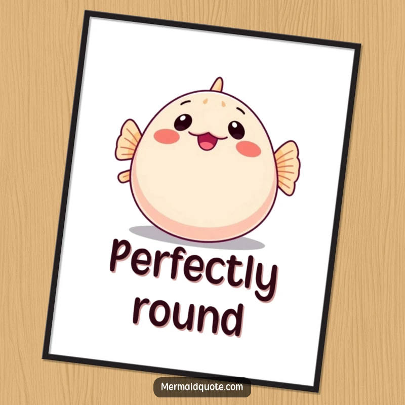 Funny digital art print of a shy pufferfish comically inflating into a large, round shape, bringing instant quirky charm.