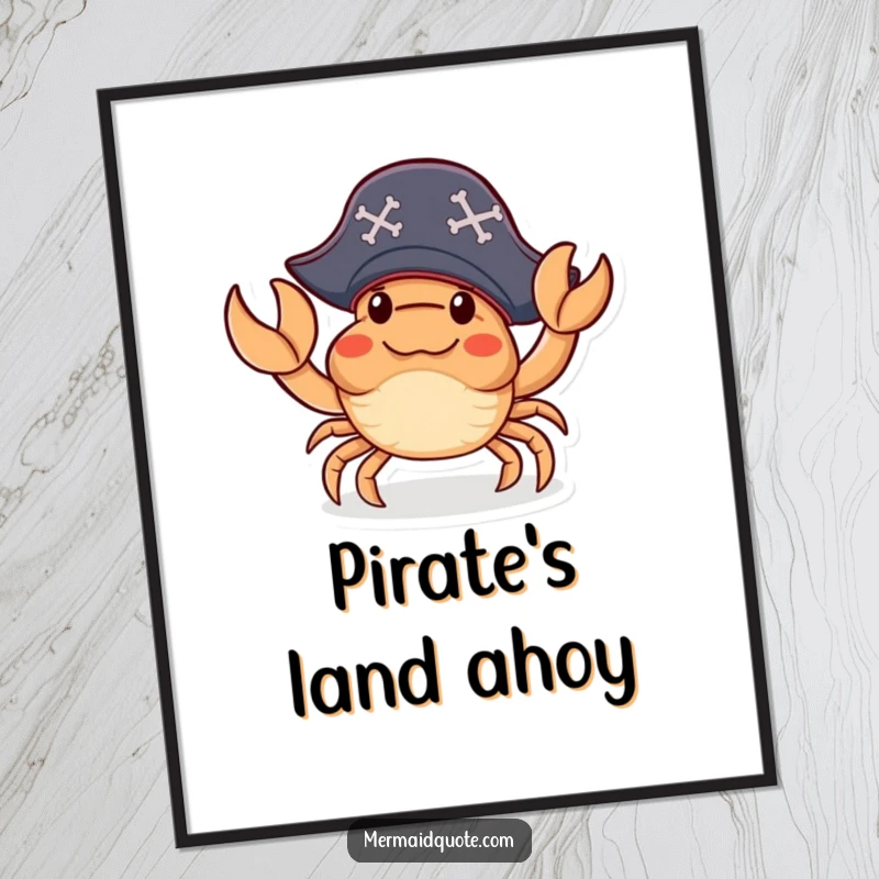 Funny Digital Art Print of a little crab wearing a pirate hat, waving a claw amicably, ideal for printing and displaying humorous pirate themes.