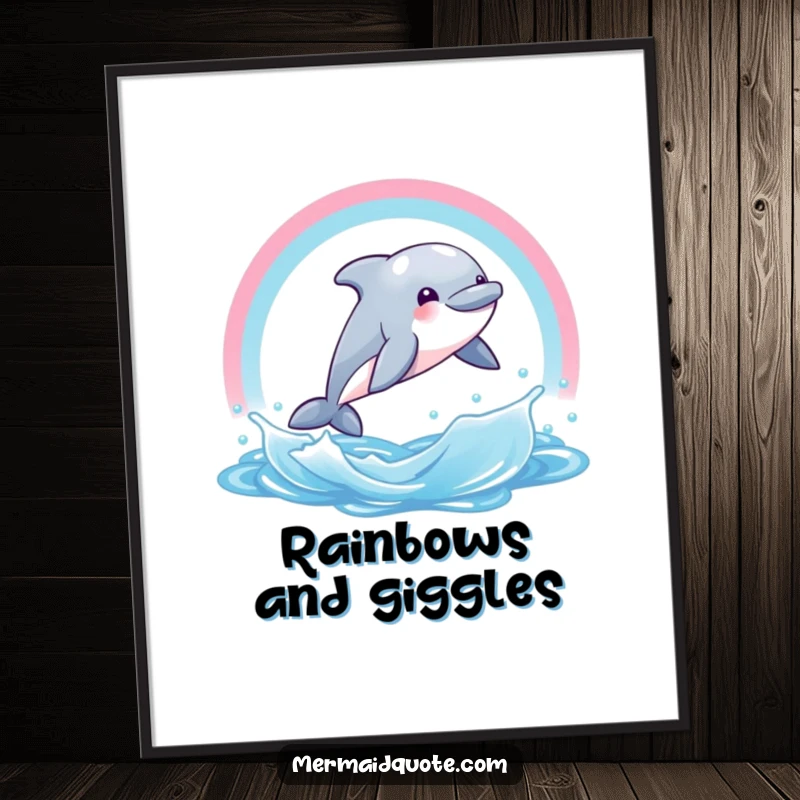 Funny digital art print of a giggling dolphin creature jumping through a rainbow water splash. Joyful downloadable decor.