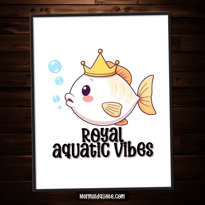 Funny kawaii fish with a crown, blowing bubbles, available as a high-resolution digital art download for instant printing.