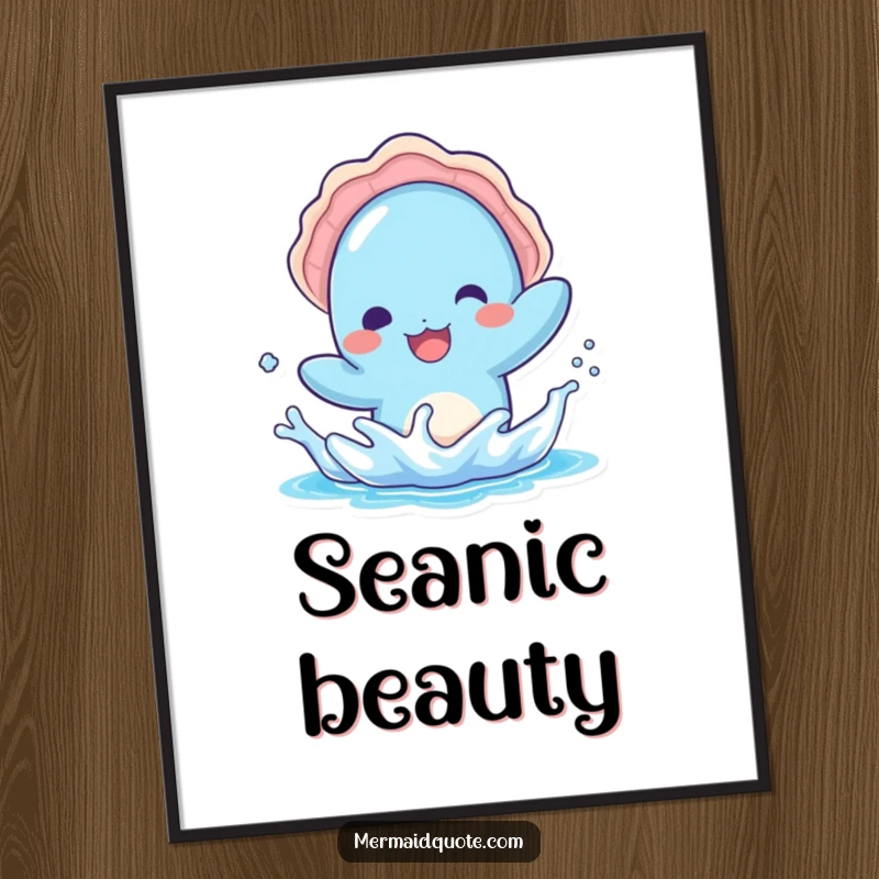 Funny digital art print of a kawaii blue creature with a seashell hat, splashing water playfully, offering instant seaside charm.