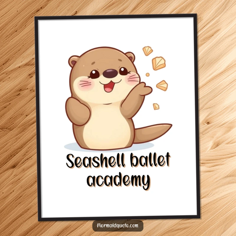 Funny sea otter digital art print showing a happy otter juggling shiny seashells, ready to be printed and framed for decor.