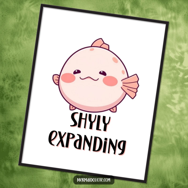 Funny Digital Art Print of a shy pufferfish slightly inflating with a hesitant giggle, ideal for printing and displaying humorous pufferfish themes.