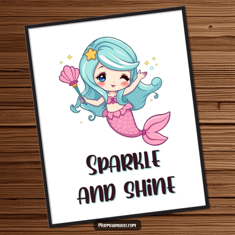 Funny digital art print of a mermaid creating sparkling magic with a seashell wand, downloadable enchantment.