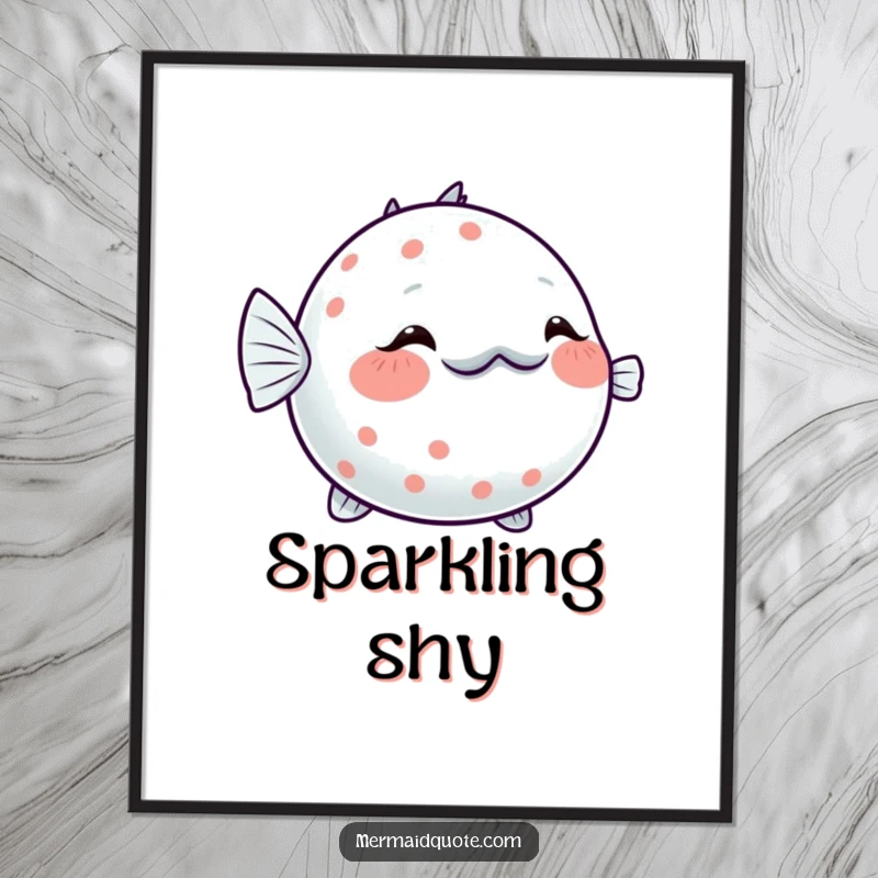 Funny Pufferfish Blushing Digital Art Print: Instant download of a shy pufferfish inflating slightly with a sparkling blush, sweet wall art.