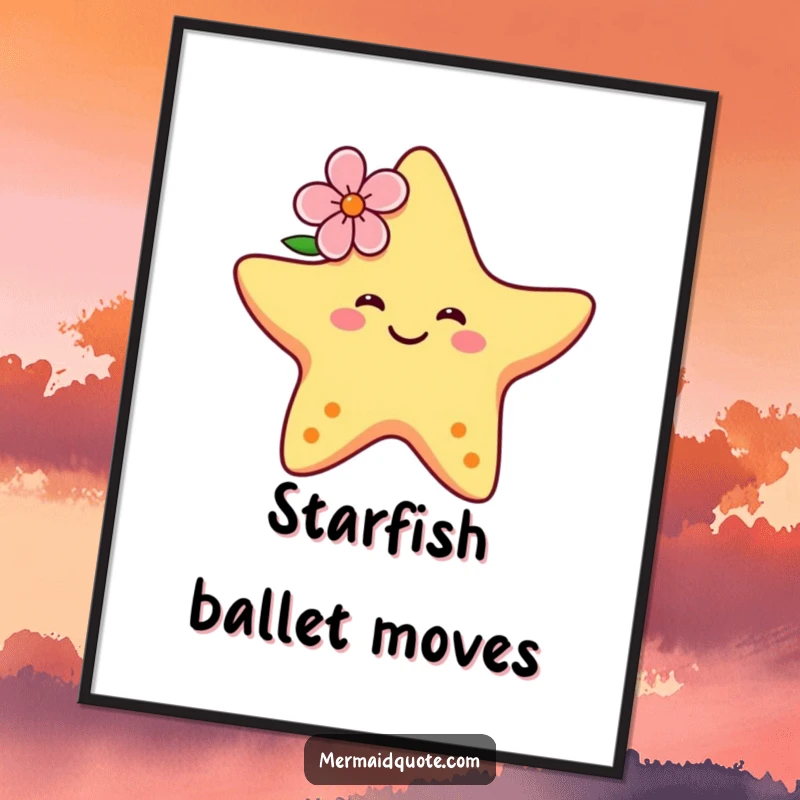 Funny digital art print of a smiling starfish with a flower dancing joyfully, perfect for adding a splash of tropical happiness.