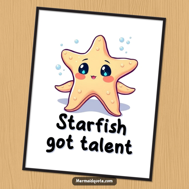 Funny starfish with sparkling eyes juggling tiny glowing sea pearls, enchanting digital art for instant wall decor.