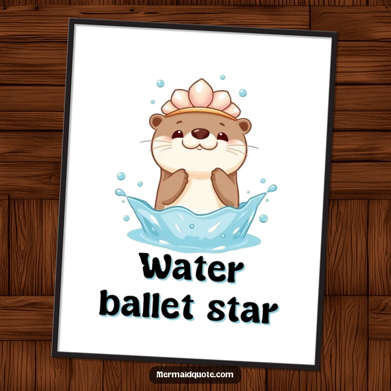 Funny kawaii otter digital art print of an otter with a seashell crown, playfully splashing water upwards, perfect for instant download and cute decor.