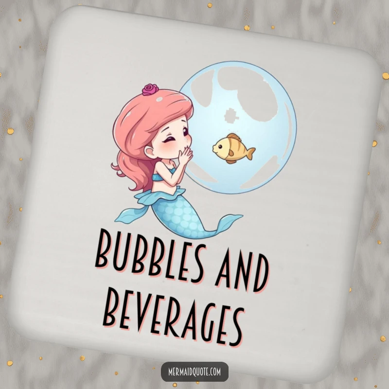 Funny drink coasters featuring a mermaid blowing a shimmering bubble that holds a tiny fish, adding charm to your table.