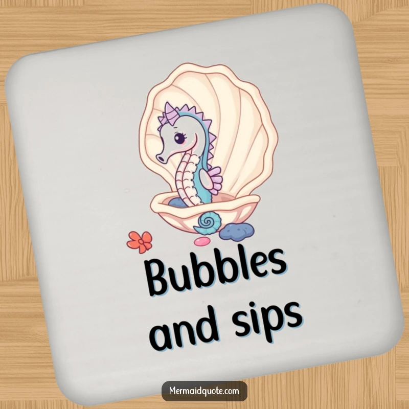 Funny cute seahorse peeking from a giant clam shell, a set of coasters bringing humorous ocean charm and protection.
