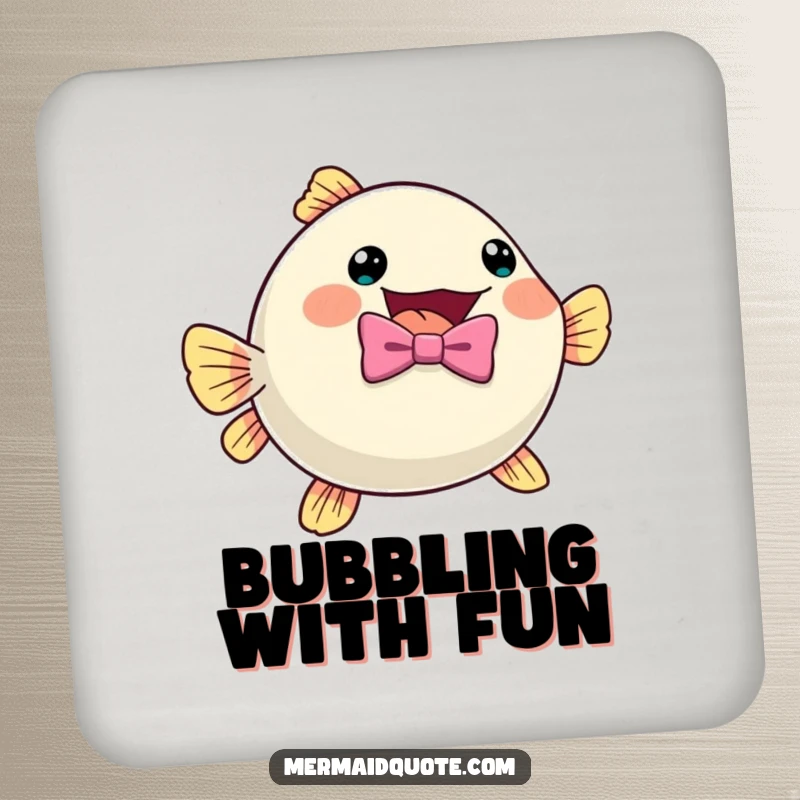 Funny pufferfish in a bow tie, shown inflating with excitement, printed on protective coasters for drink surfaces.