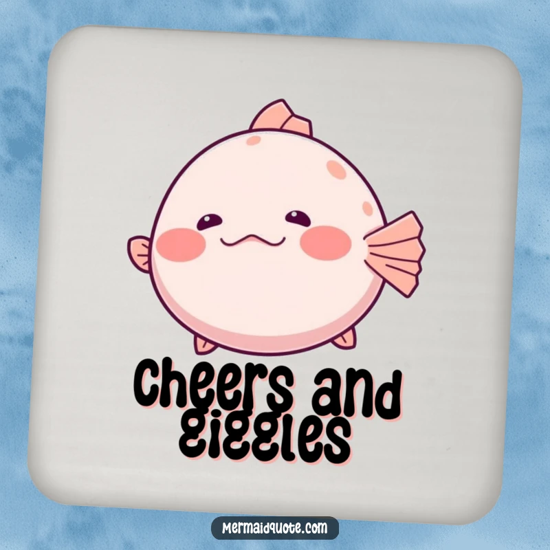 Funny Drink Coaster featuring a shy pufferfish slightly inflating with a hesitant giggle, bringing shy ocean humor to beverage protection.