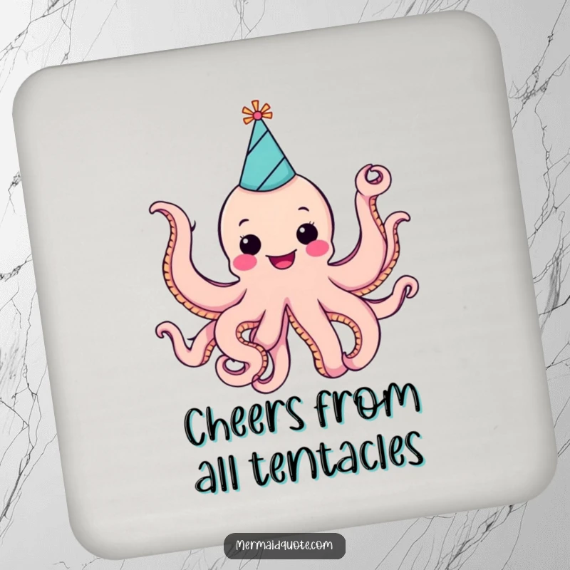 Funny cheerful octopus in a party hat, waving all eight arms, on a decorative drink coaster.