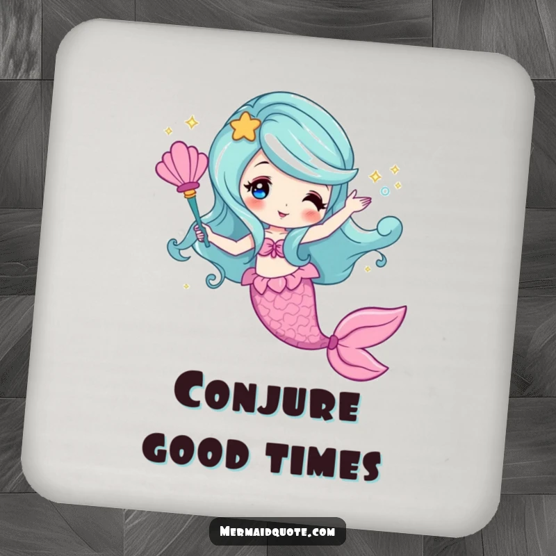 Funny drink coaster with a mermaid waving a seashell wand, creating sparks, for magical protection.