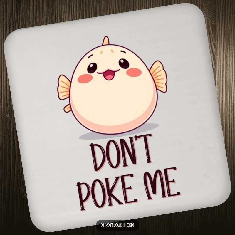 Funny coaster with a shy pufferfish comically inflating into a round shape, protecting surfaces with bashful glee.